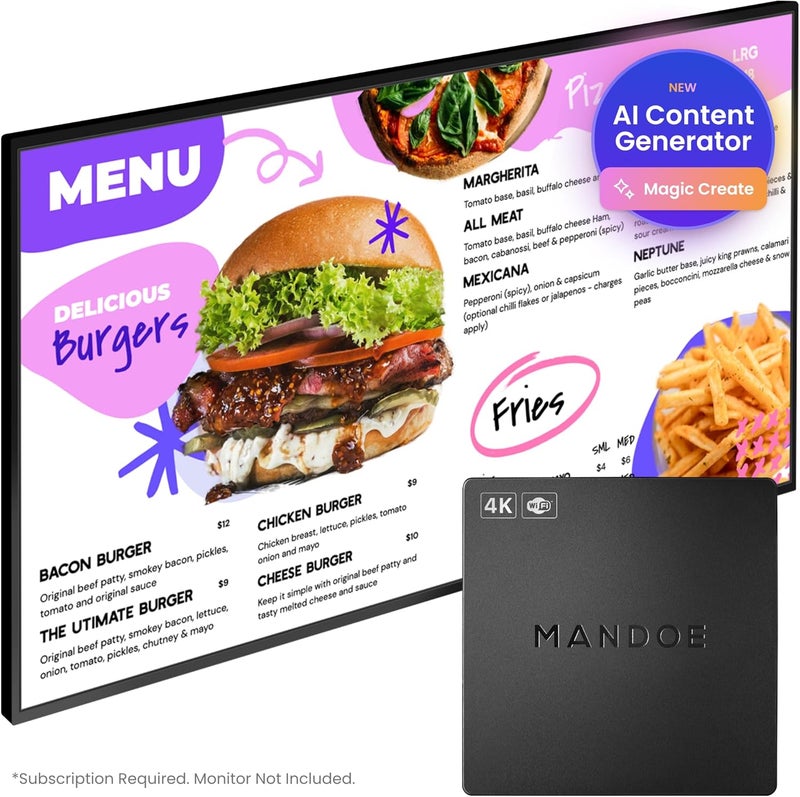 Mandoe Digital Signage Player by – Easy Setup, AI Template Creation, Premium Templates for Restaurants, Retail, and Business Displays - Image 1